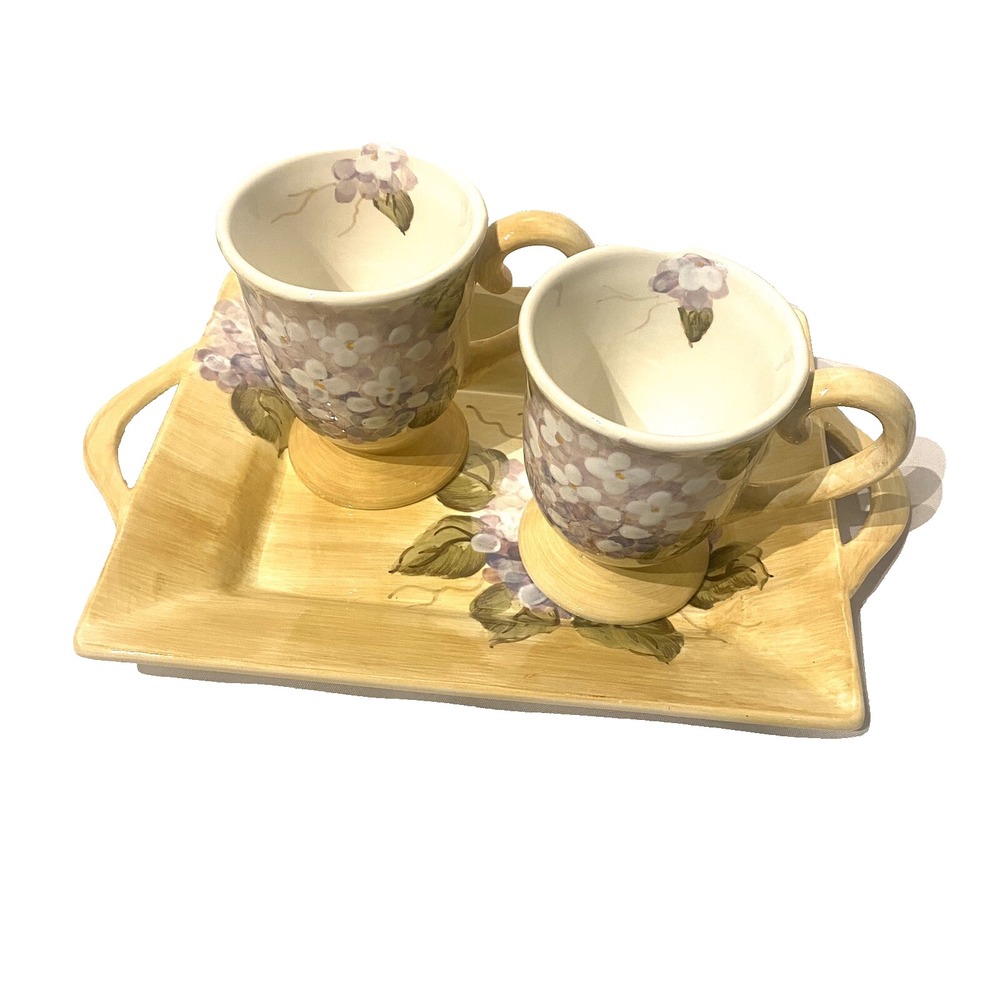 hydrangea purple floral coffee mug set with serving tray